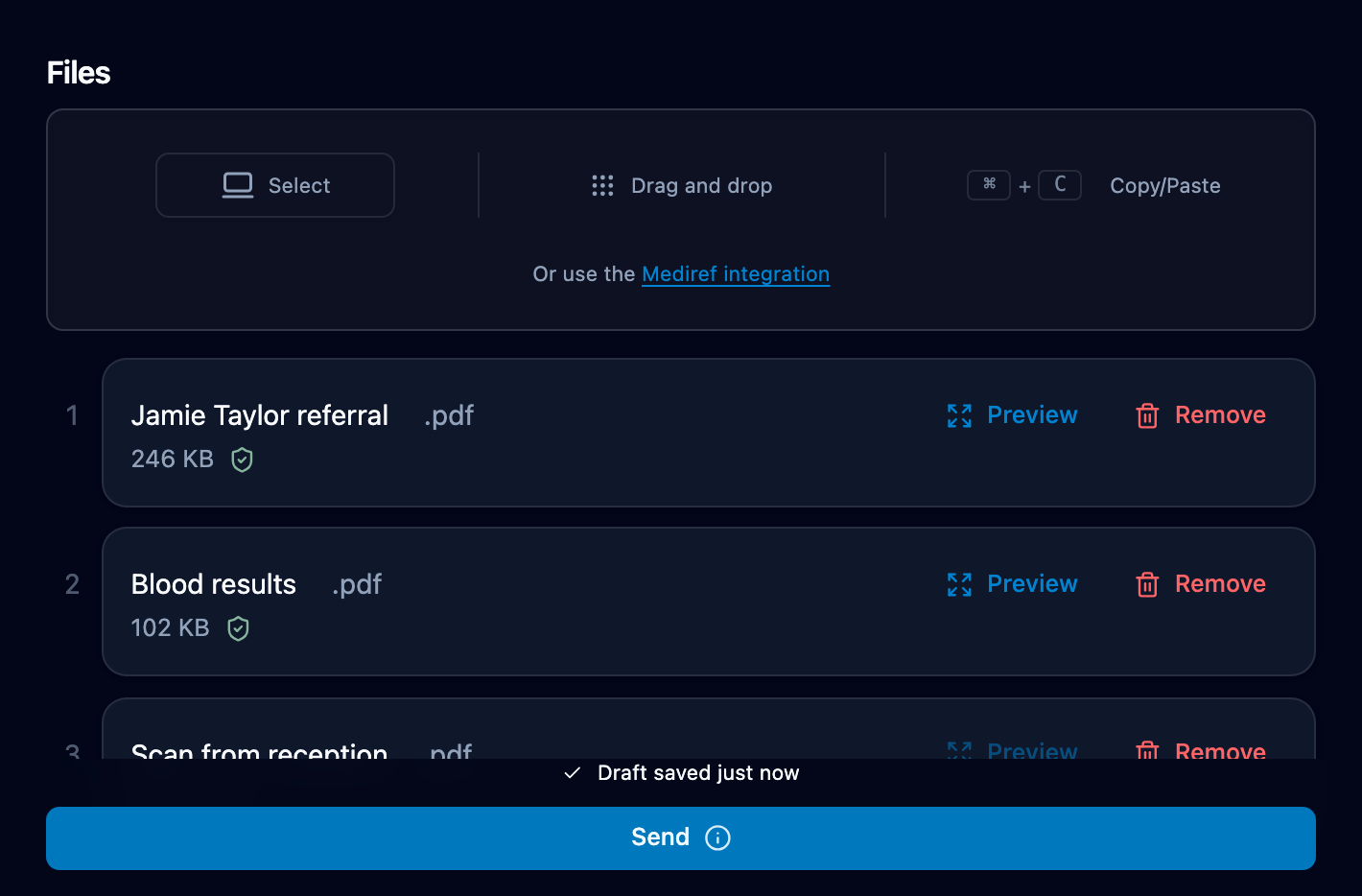Compose file list with one failed file beside two that uploaded