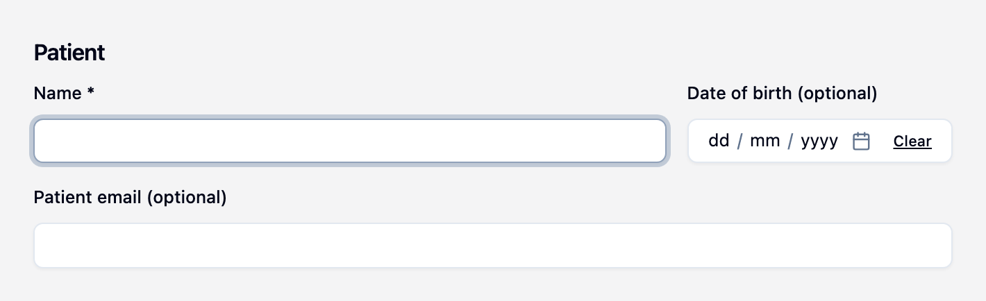The Patient section in Compose, with Name, Date of birth and Patient email fields