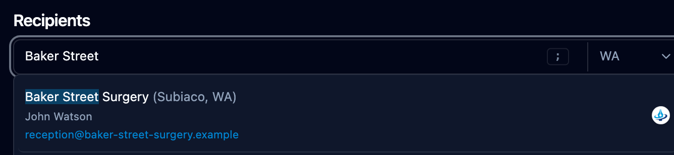 Recipients search showing a matching practice with the Mediref logo