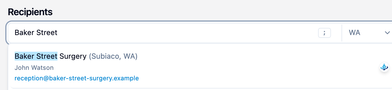 Recipients search showing a matching practice with the Mediref logo
