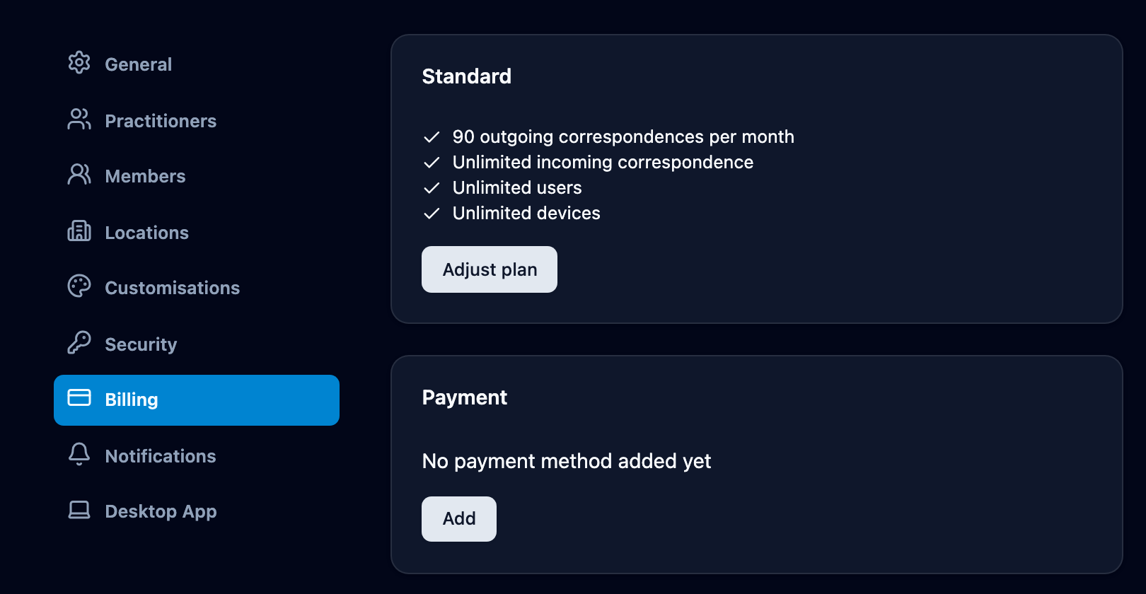 Billing page showing the plan features and the Payment card