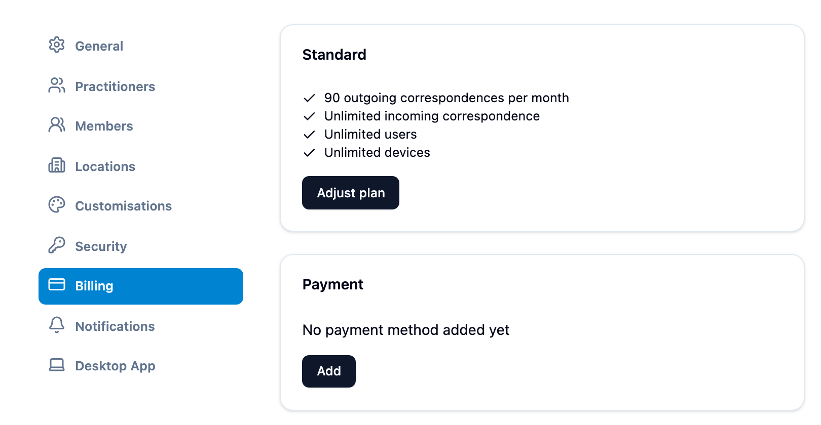 Billing page showing the plan features and the Payment card