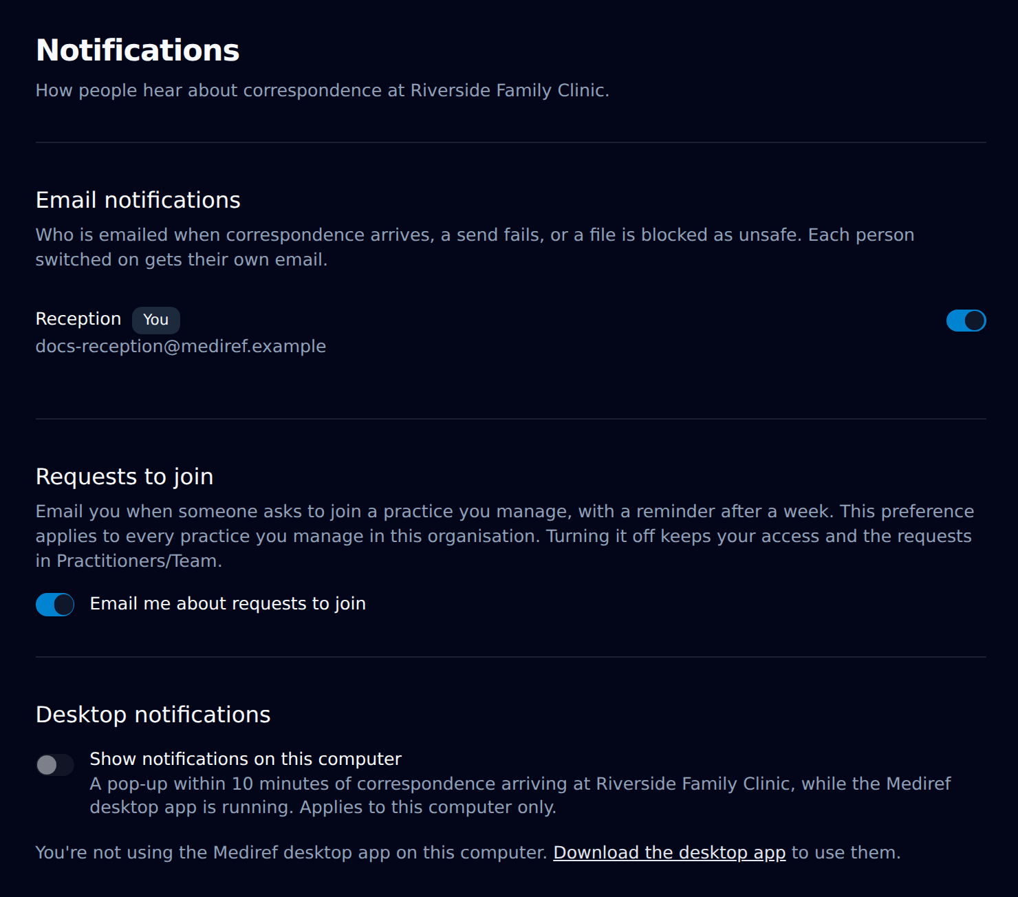 Notifications page with a switch per person under Email notifications, the Requests to join switch, and Desktop notifications below