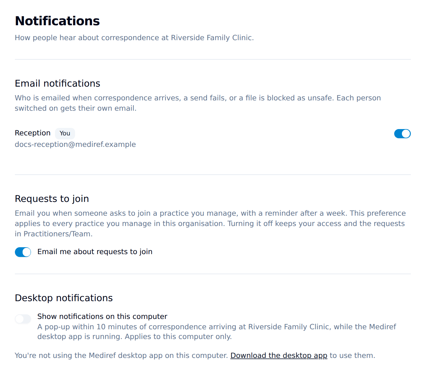 Notifications page with a switch per person under Email notifications, the Requests to join switch, and Desktop notifications below