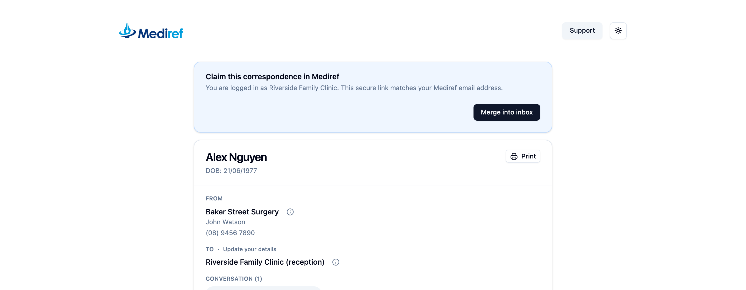 Claim this correspondence in Mediref card above a secure link