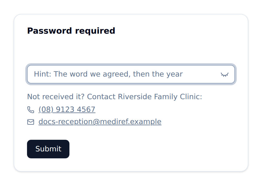 Password required screen with the practice's hint in the password box and their phone number and email underneath