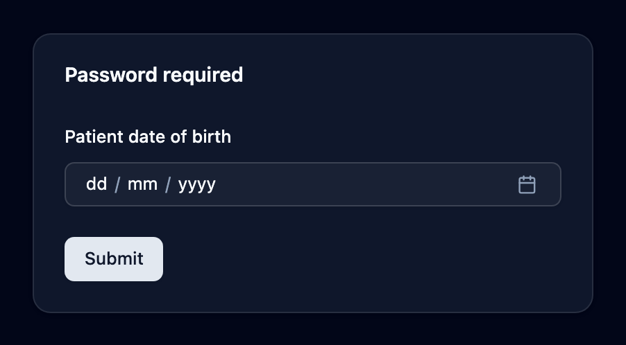 Password required screen asking for the patient's date of birth