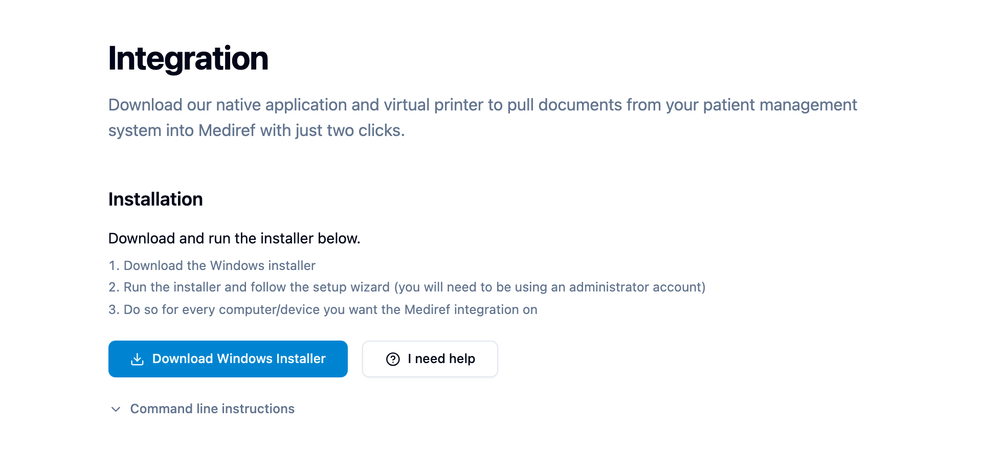 Integration page with the Download Windows Installer button