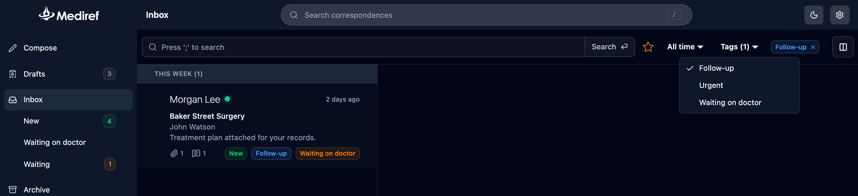 Inbox with the Tags filter open and one tag applied