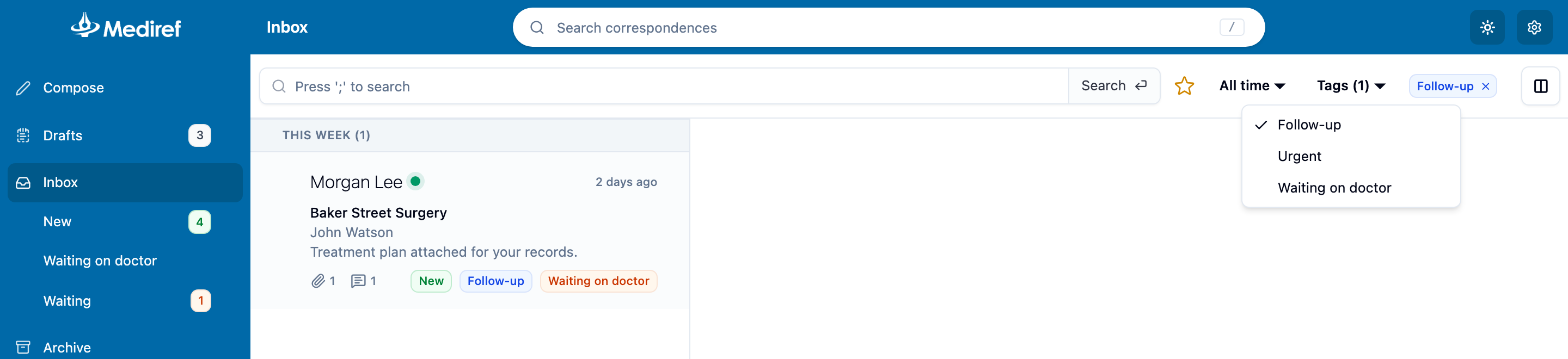 Inbox with the Tags filter open and one tag applied