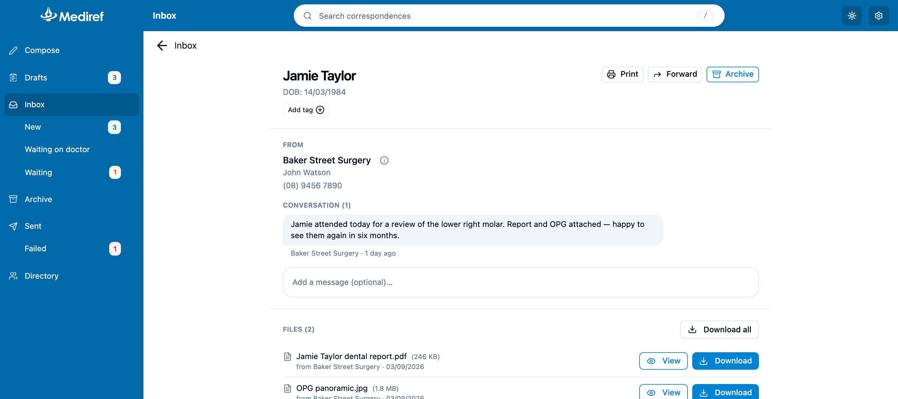 Inbox correspondence showing the From panel and the files