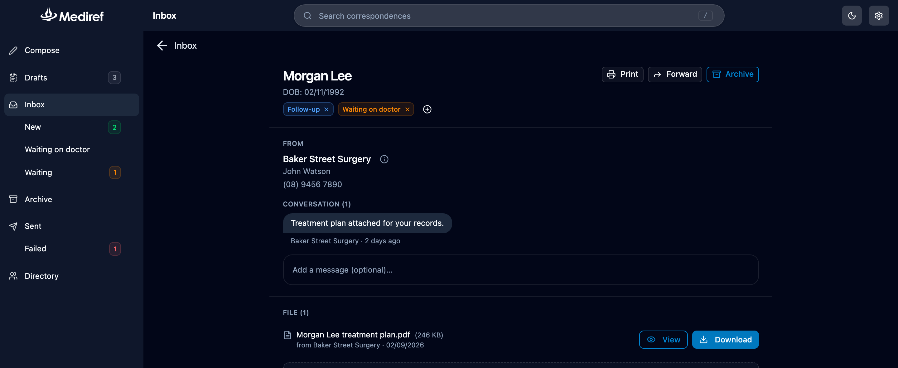 Inbox correspondence with two tags under the patient's name