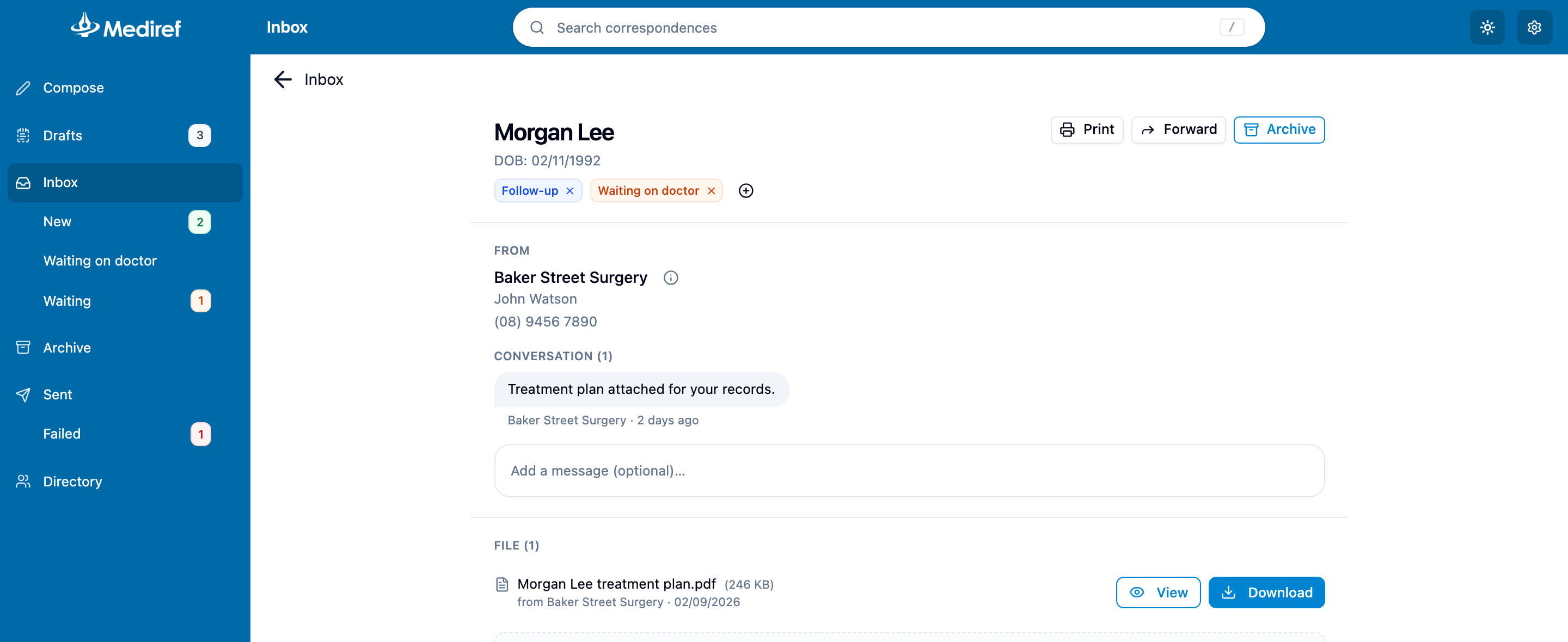 Inbox correspondence with two tags under the patient's name