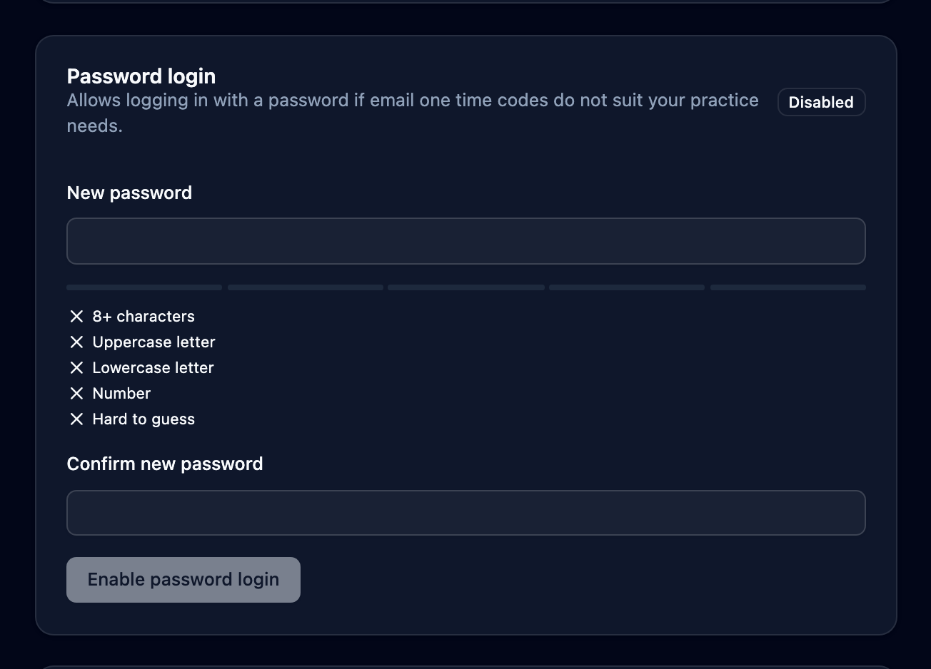 Password login card marked Enabled