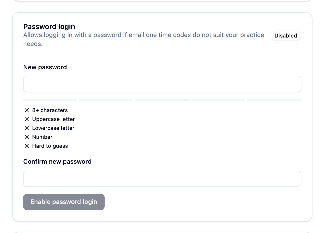 Password login card marked Enabled