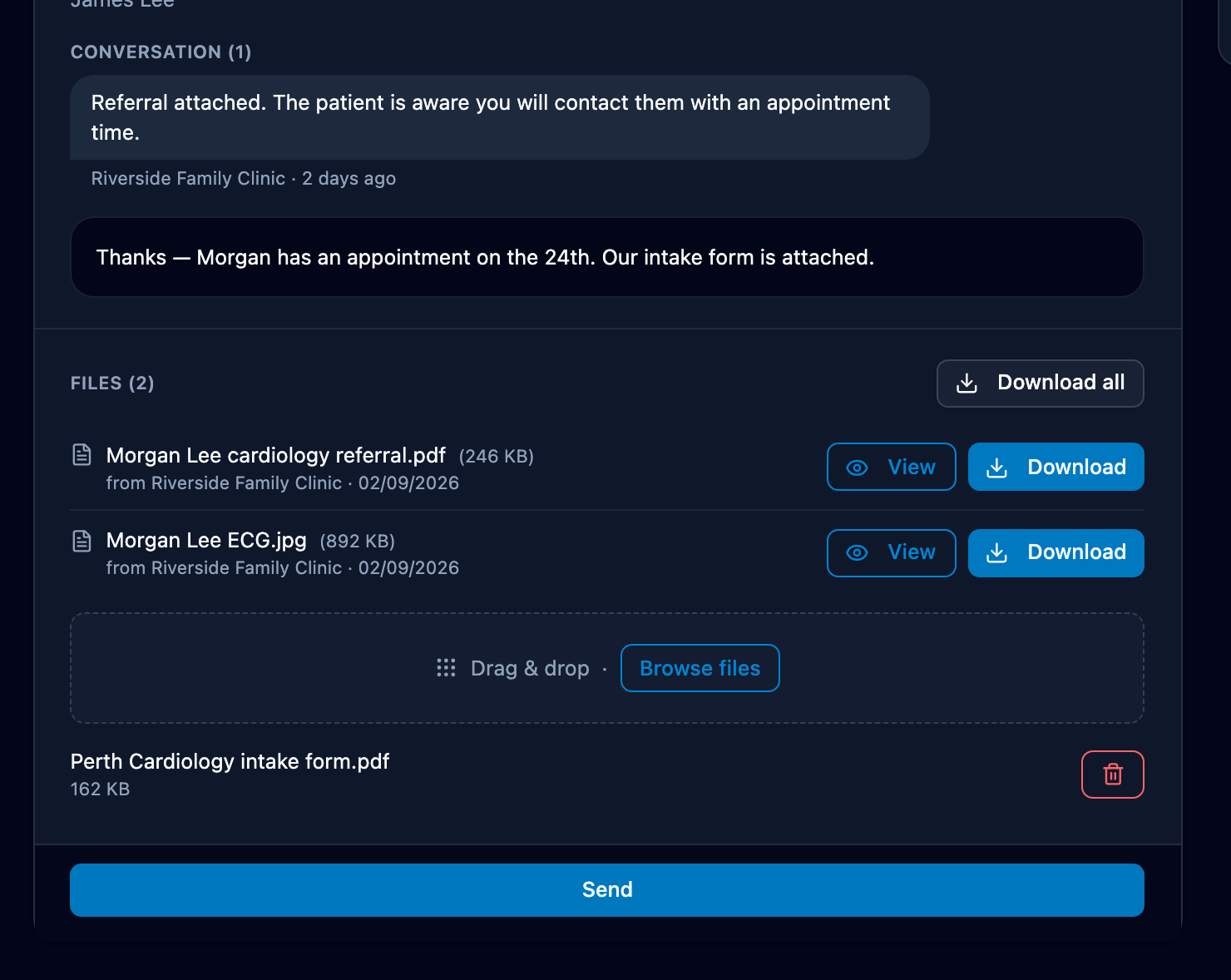 A secure link page with a reply typed under Conversation, a file queued under Files, and Send at the bottom