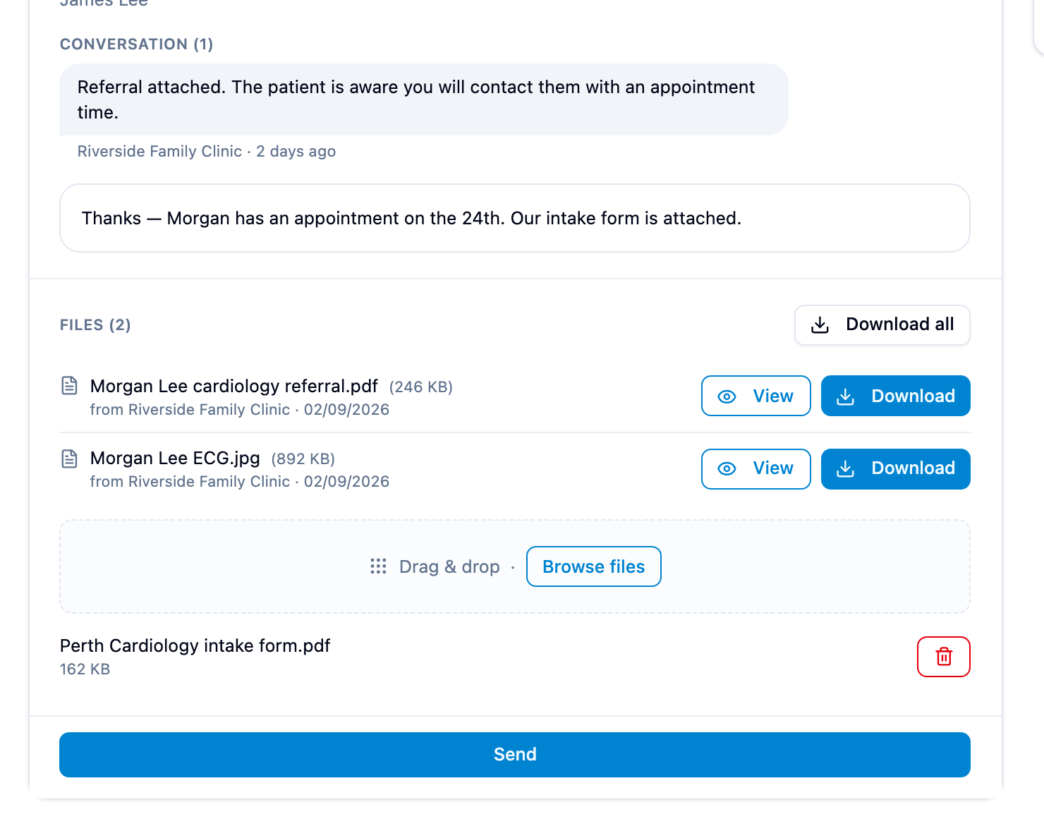 A secure link page with a reply typed under Conversation, a file queued under Files, and Send at the bottom