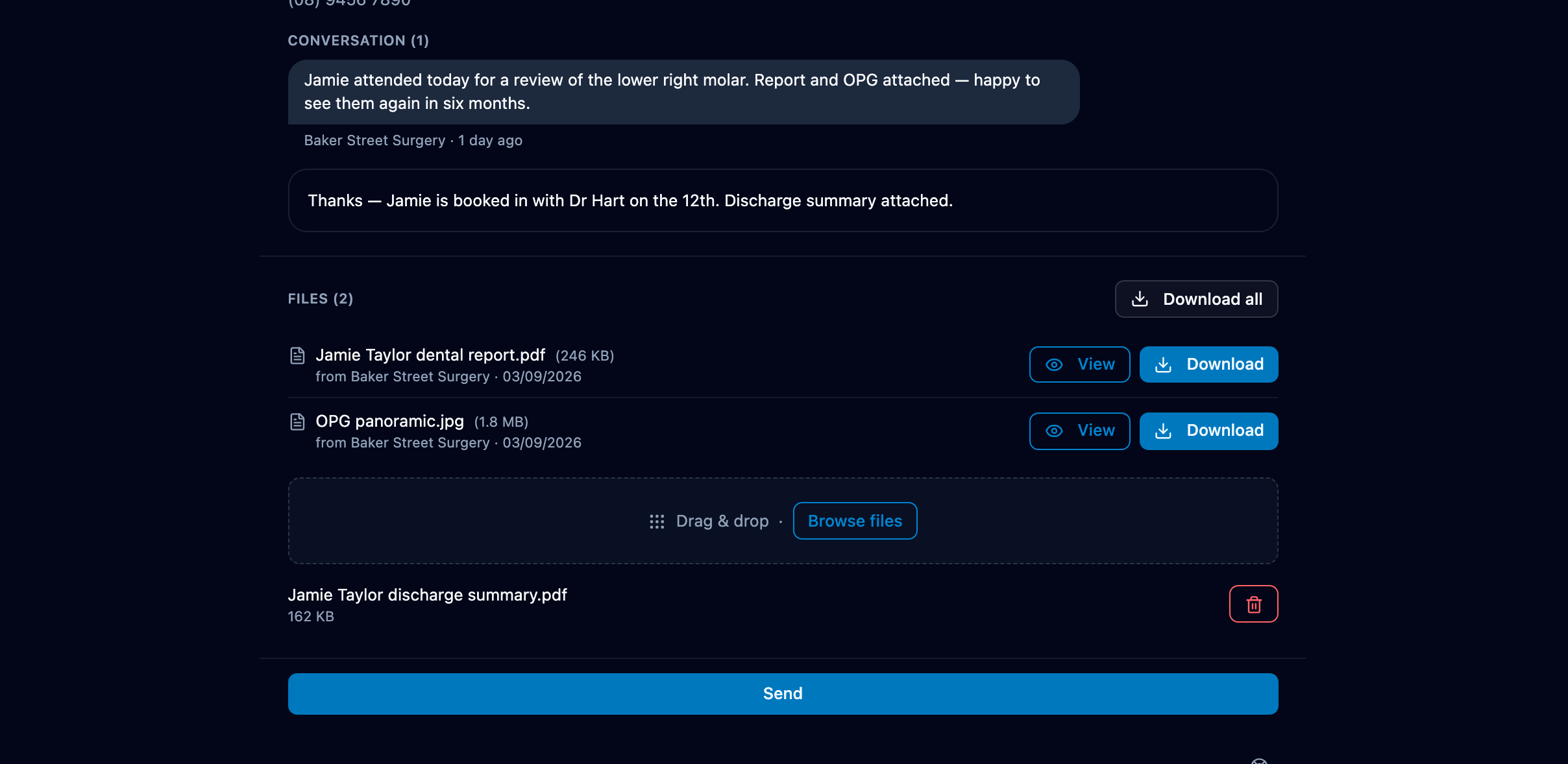 A received correspondence with a reply typed under Conversation, one file queued under Files, and Send at the bottom