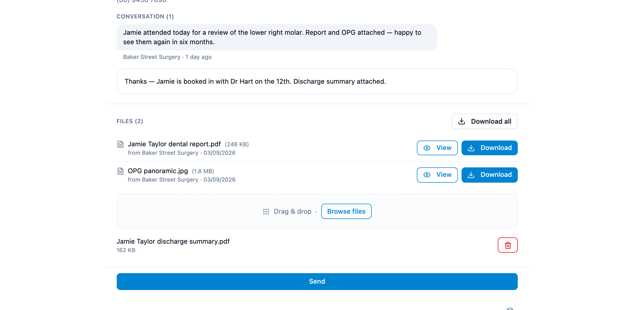 A received correspondence with a reply typed under Conversation, one file queued under Files, and Send at the bottom
