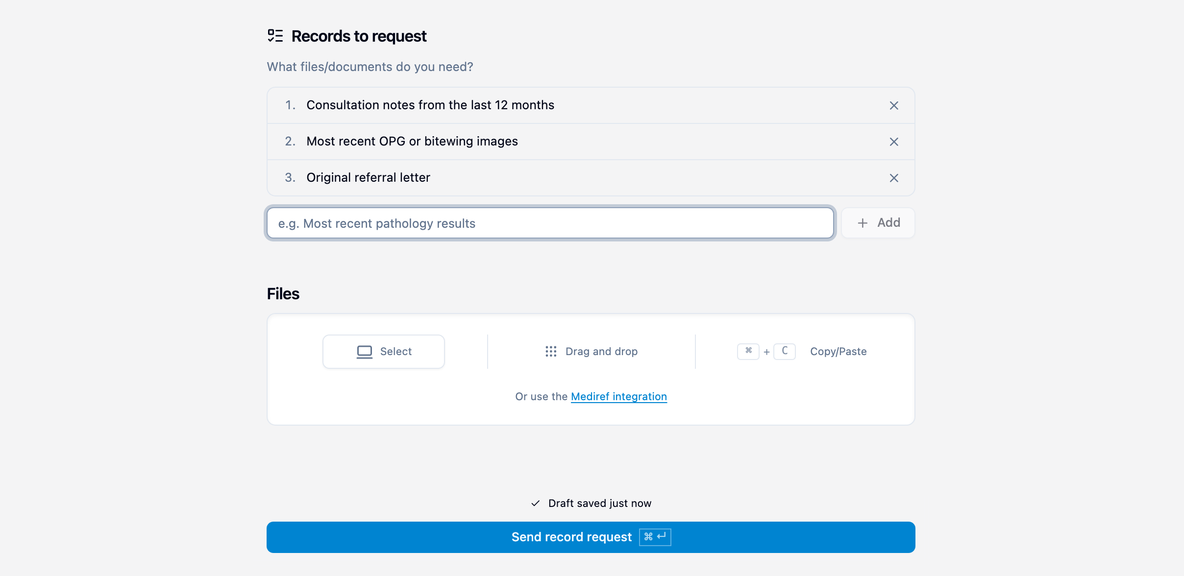 Compose in Request records mode, three items listed under Records to request above the Send record request button