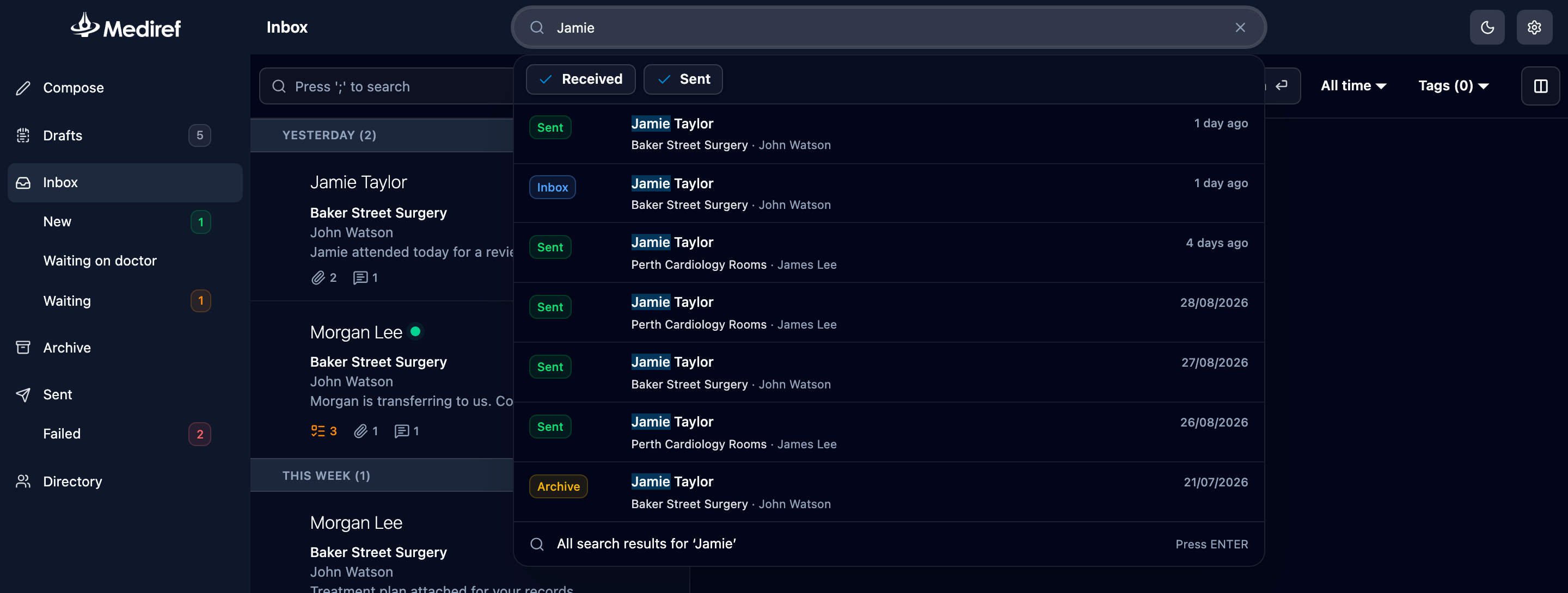 Search box with a patient name typed and the results list open
