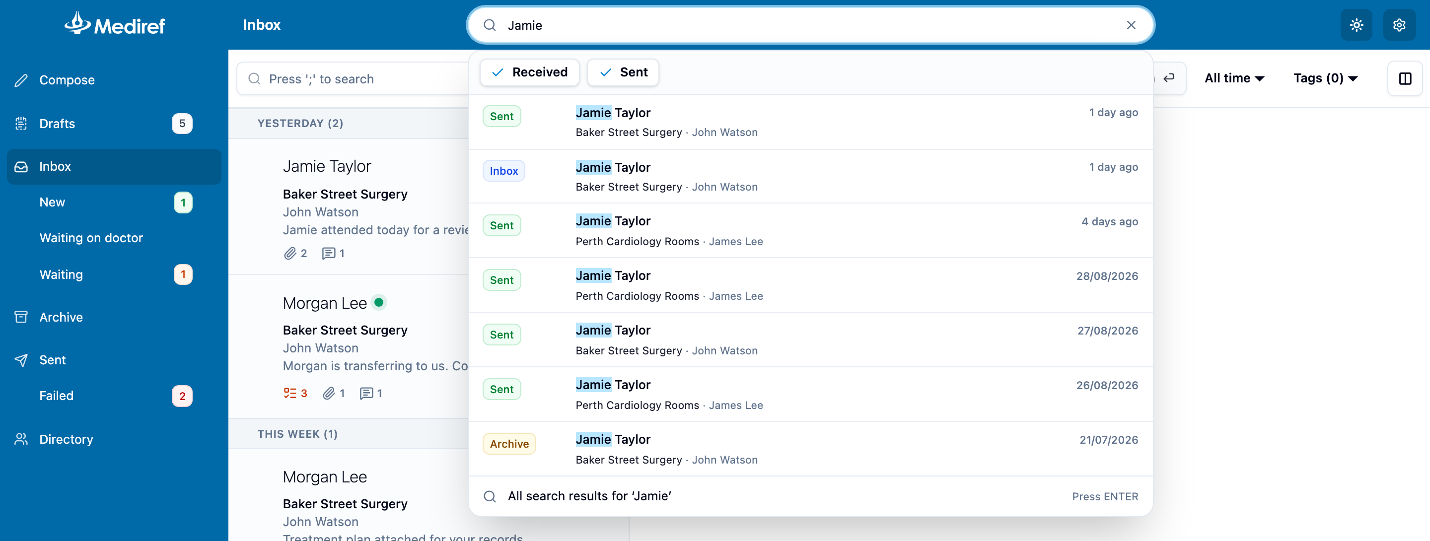 Search box with a patient name typed and the results list open