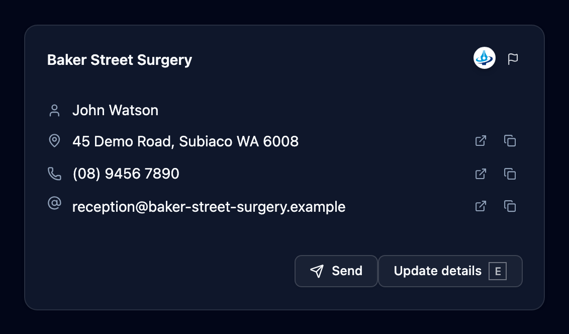 A directory entry with the Mediref logo beside the practice name