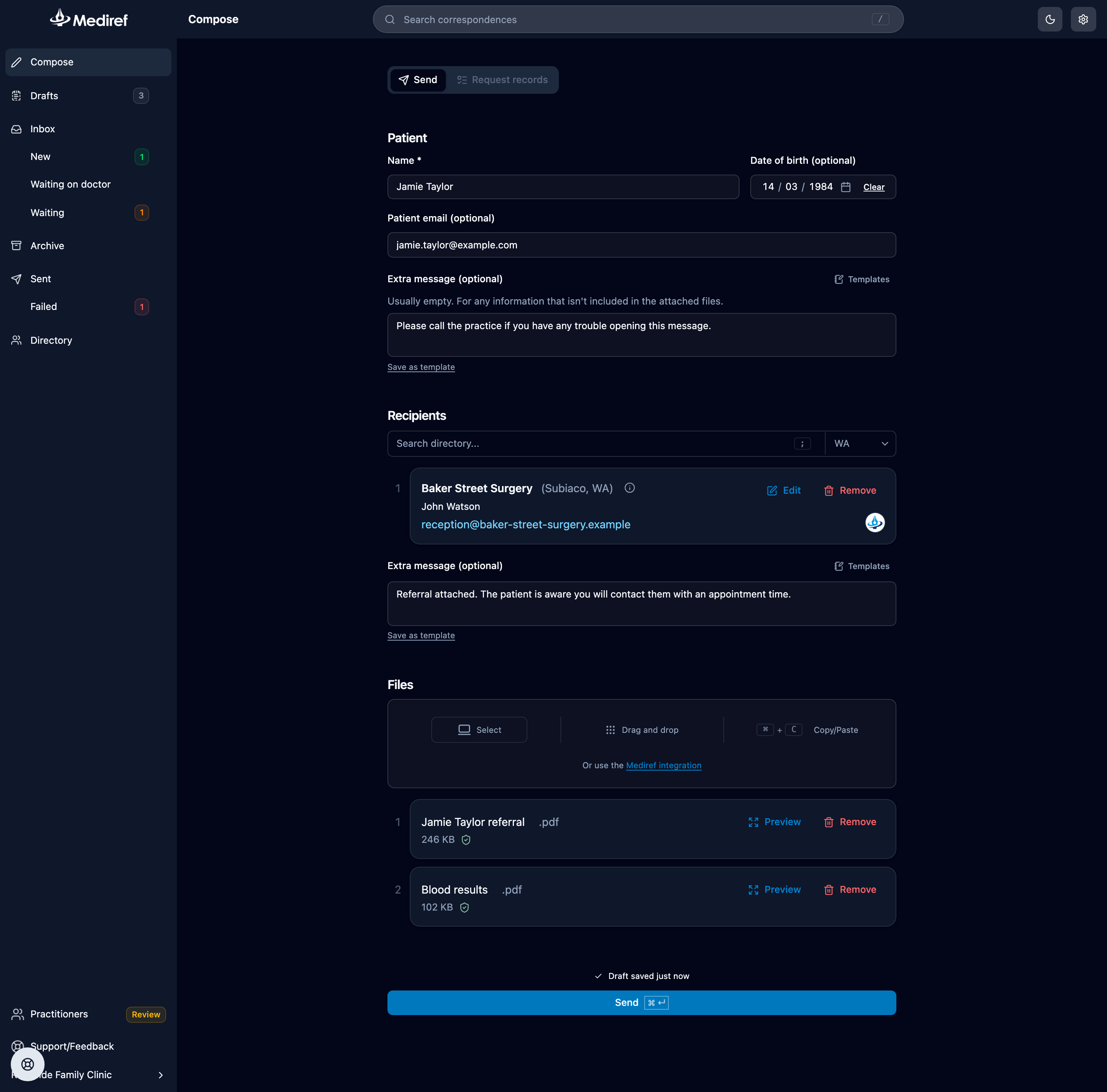 Compose page with the patient, recipient, message and files filled in