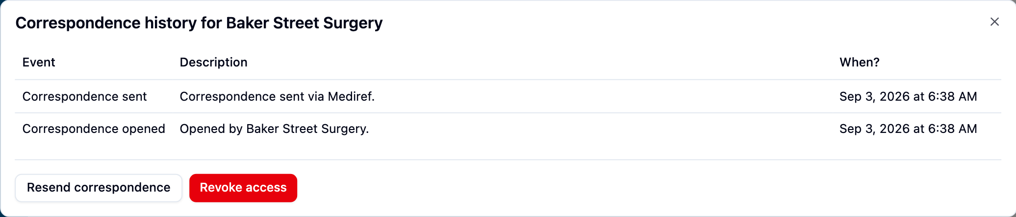 Correspondence logs dialog with timestamped entries
