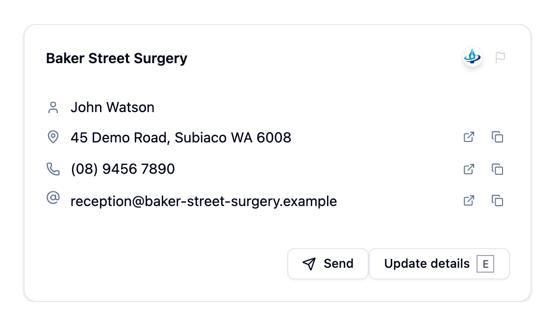 The Update details and Send buttons on a directory entry