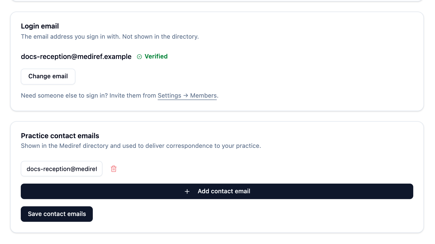 The Login email and Practice contact emails cards in General settings