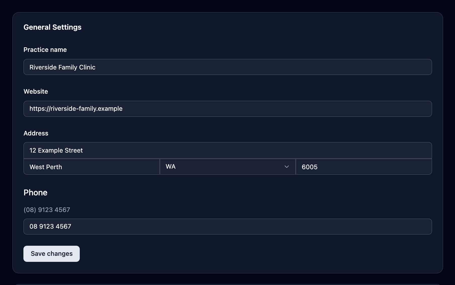 The General settings page