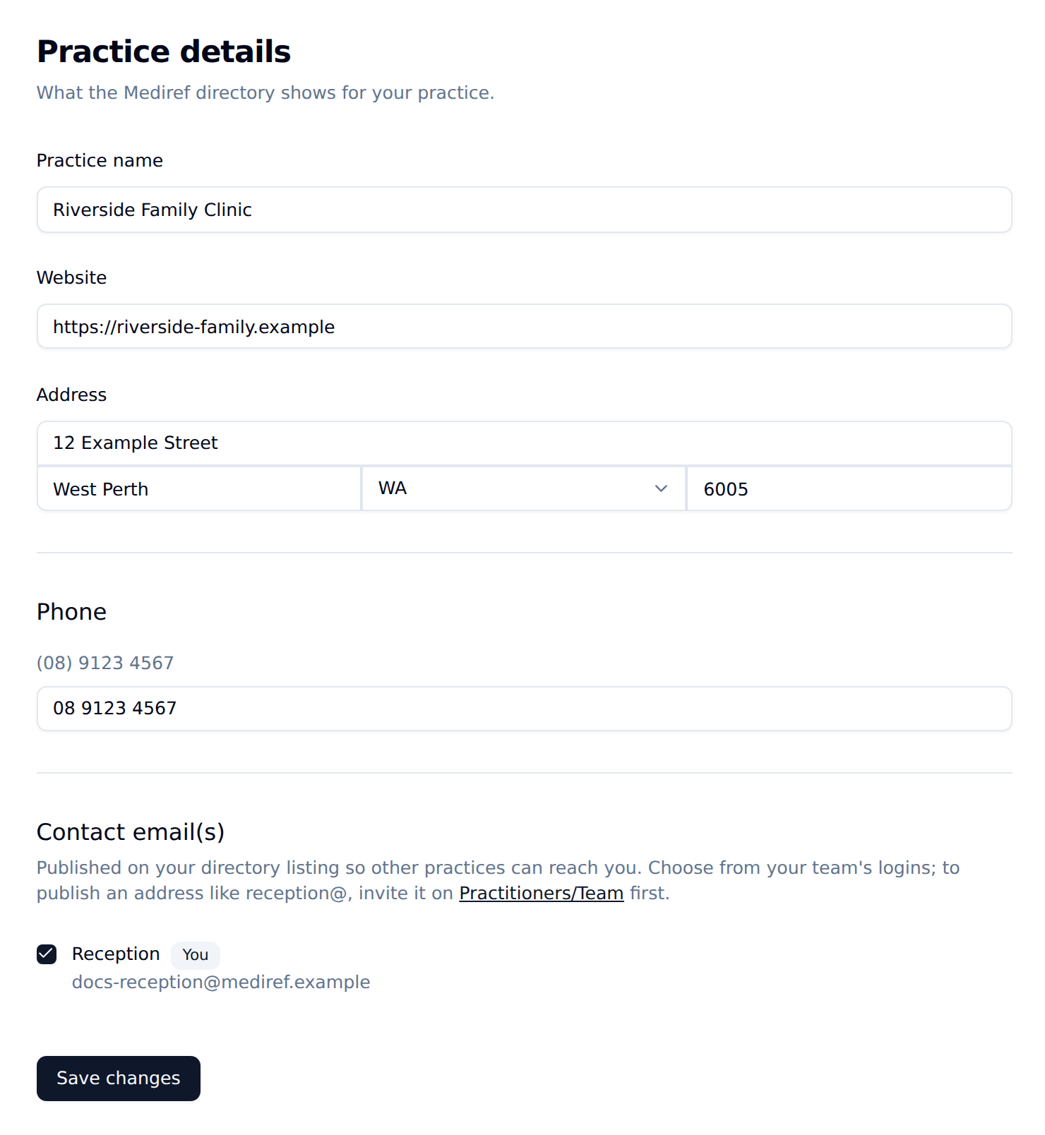 Practice details page with the practice name, website, address, phone and Contact email(s)