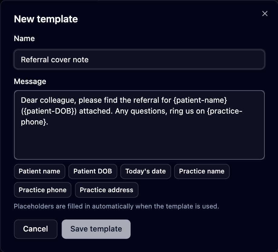 New template form with the six placeholder buttons