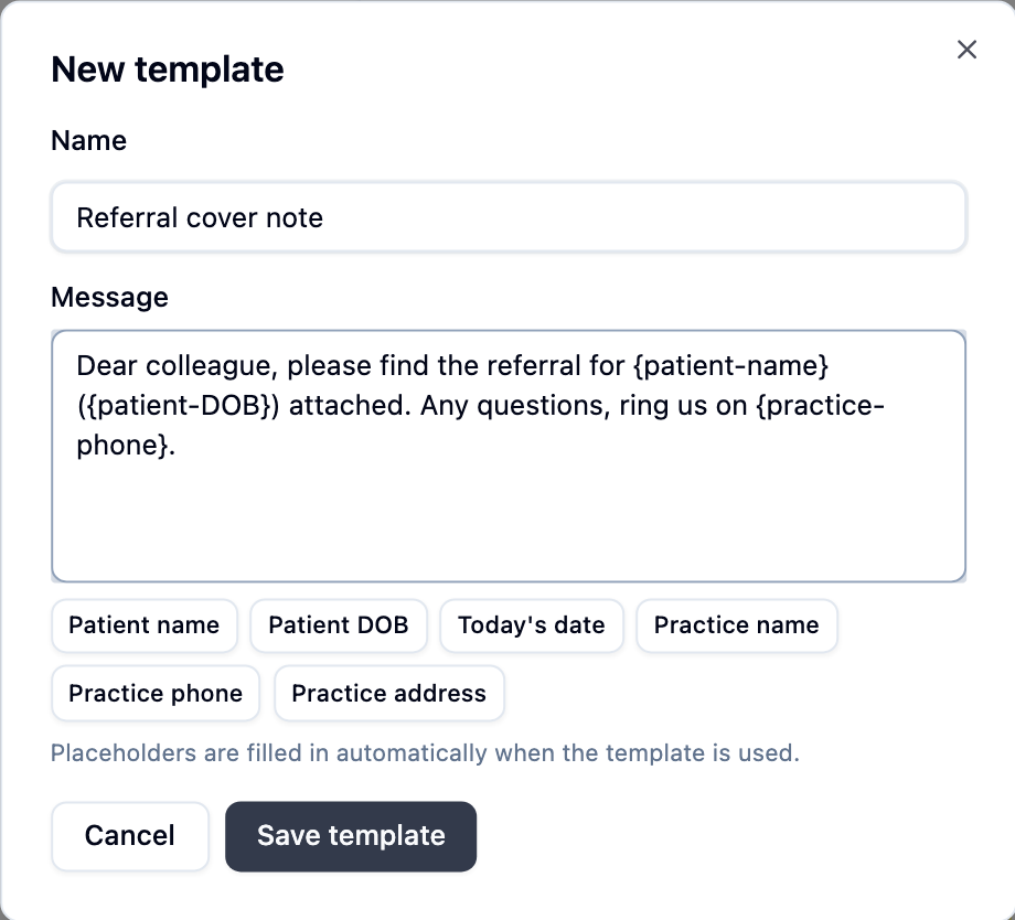 New template form with the six placeholder buttons