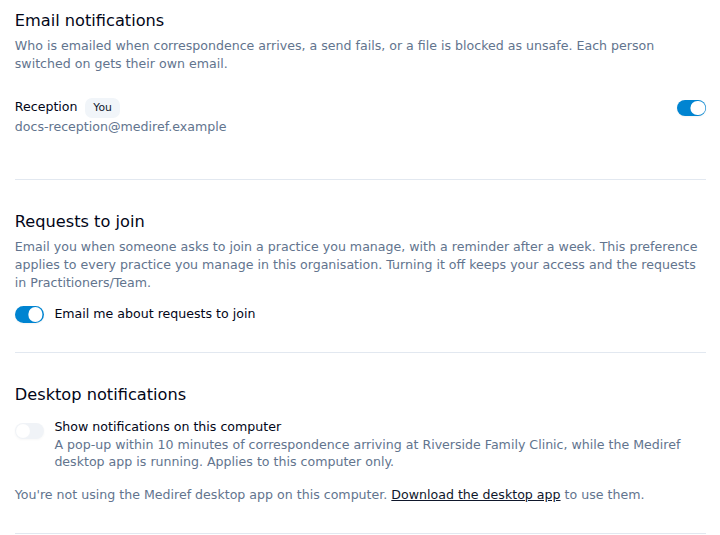 Settings > Notifications, with a switch per person under Email notifications, the Requests to join switch and Desktop notifications