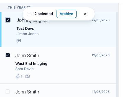 Two correspondences ticked in the inbox, with a bar showing 2 selected and an Archive button