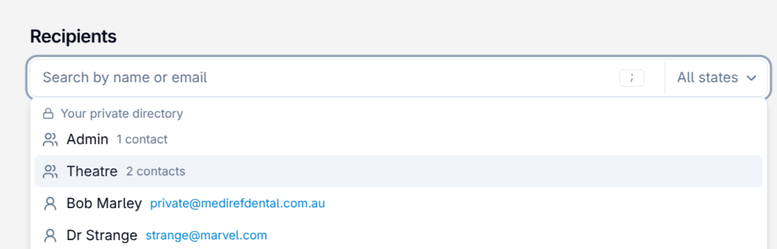 The recipient search in Compose, listing groups and contacts under Your private directory