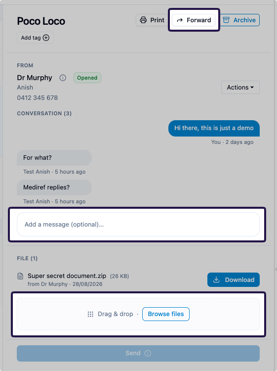 A thread showing the conversation, the message box, the file drop area and the Forward button